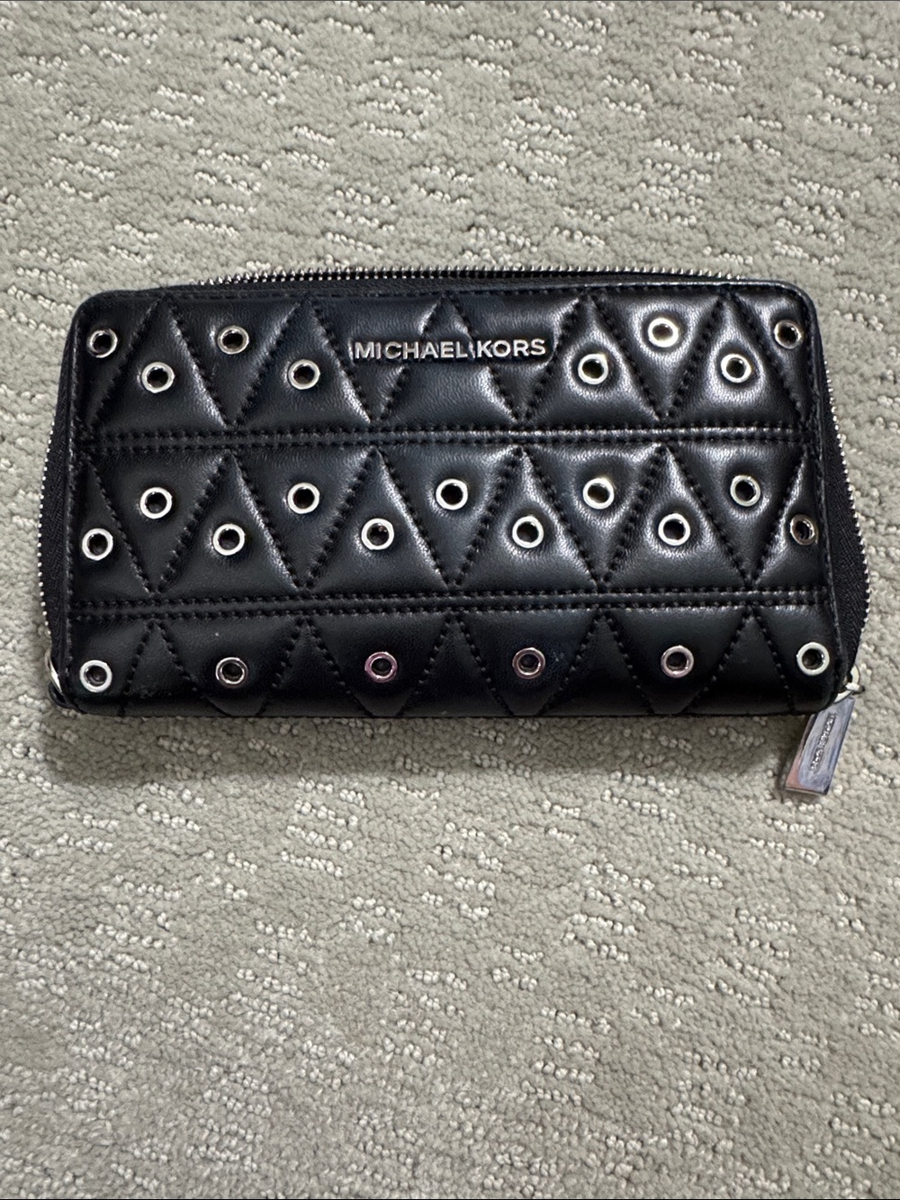 Michael Kors Black Quilted Zip Phone Wallet with Grommet Accents